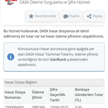 DASK (Doğal Afet Sigortaları Kurumu) Hasar Dosyam Ödeme Şifresi Geldi Ancak 0 TL Görünüyor