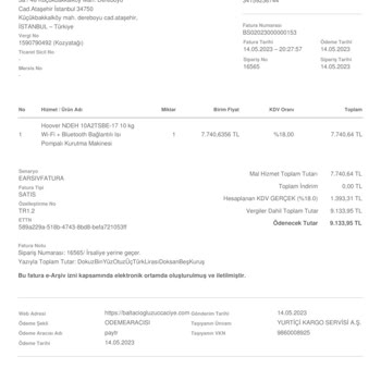 Baysallar AVM Hoover Çamaşır Kurutma Makinesi Gelmedi.