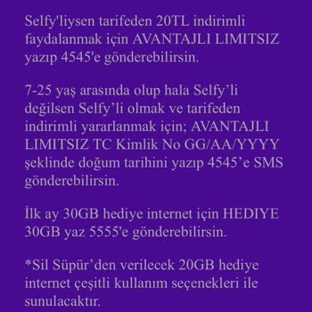Türk Telekom Selfy Avantajlı Limitsiz Sosyal Tarifesi 20 GB İnternet!