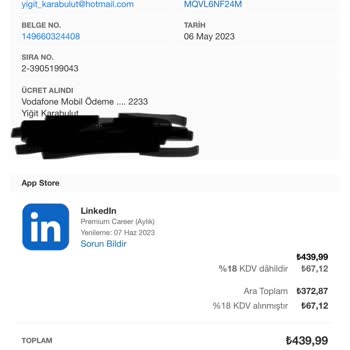 Linkedin İptal Edilen Premium Üyeliğe Fatura Yansıtması