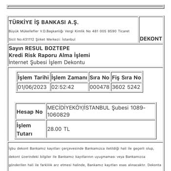İş Bankası Kredi Notu Ve Risk Raporu İçin Ödeme Yaptım Fakat Rapor Gelmedi