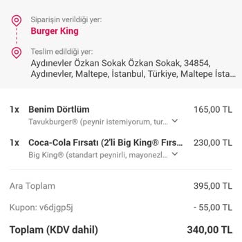 Burger King Eksik Gönderilen Siparişler Ve Ücret İadesi Yapılmaması
