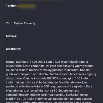 DeFacto Mobil Uygulaması İndirim Kodu Uygulanmaması Sorunu