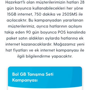 Turkcell Yeni Hat Verilmeyen Bol GB Tanışma Seti 15 GB 750 Dakika 250 SMS