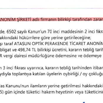 Atasun Optik Mahkeme Kararını Bile Takmayan Bir Gözlükçü.