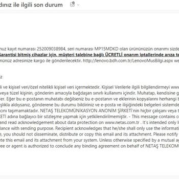 Lenovo Bilgisayar ALL In One Ücret İademin Yapılmaması
