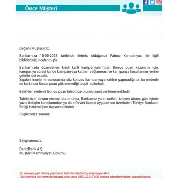 Denizbank Fatura Talimatı Kampanyası Bonus Yüklemesi Yapılmadı
