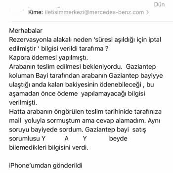 Mercedes-Benz Online Siparişim Nedensiz İptal Edildi.