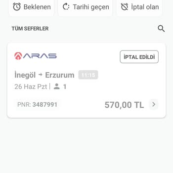 Aras Turizm İptal Edilen Bilet