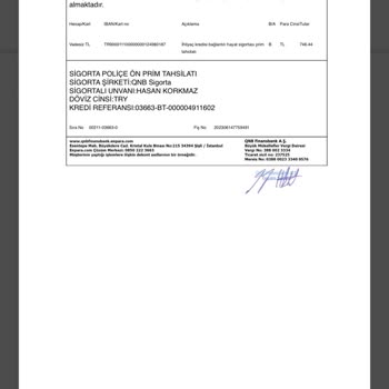 QNB Finansbank İhtiyaç Kredisi Bağlantılı Hayat Sigortası Prim Tahsilatı