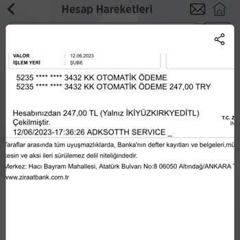 Ziraat Bankası Adksotth Service İznim Dışında Para Çekti