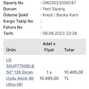 LG Ev Bazaar Siparişimi Henüz Yollamadı.