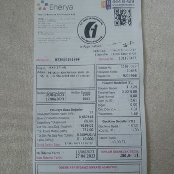 Enerya Erzincan Enerya Doğalgaz Faturası