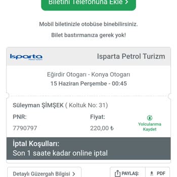 Isparta Petrol Turizm 15.06.2023 00.45 Eğirdir Konya Otobüsü