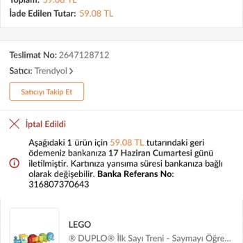 Trendyol Lego Sayı Treni Siparişi İptali