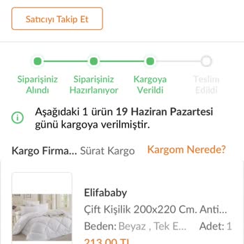 Sürat Kargo Yine Sipariş Verdiğim Ürün Geri Satıcıya Yollanmış