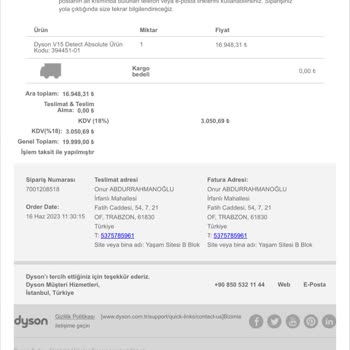 Dyson Alışverişinin Taksitli Seçilip Taksitsiz İşleme Alınması.