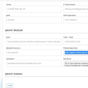 Ticari Elektronik İleti Şikayet Sistemi (TİSS) Eksik Bilgi Nedeniyle Şikayetimin İşleme Alınmaması