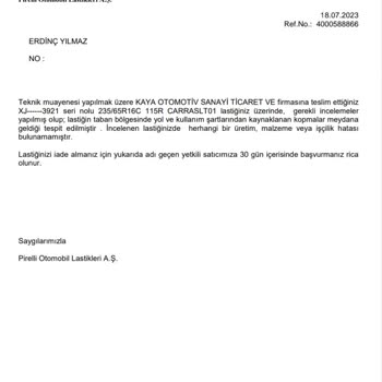 Pirelli Marka Dört Mevsim Lastik Üretim Hatası