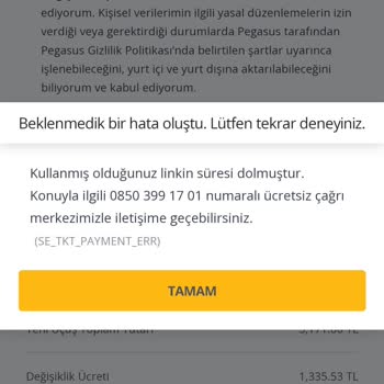 Pegasus Bilet Değişikliği Mümkün Değil.