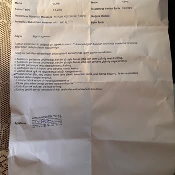 Atasun Optik İnceleme Birimi Sonucu Red Edilen Güneş Gözlüğüm