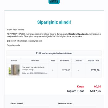 A101 Çok Amaçlı Dolabın Teslim Edilmeyip Kargolanmaması