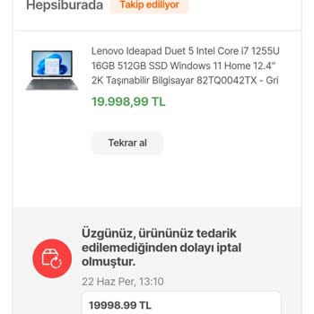 Hepsiburada Stokta Olan Siparişim Tedarik Edememe Nedeniyle İptal Edildi.