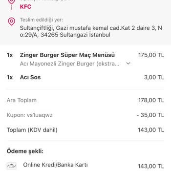 Yemeksepeti KFC Yanık Hamburger Gönderimi