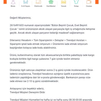 Trendyol Eksik Gönderilen Ürünün Para İadesini Yapmıyor.