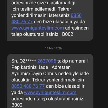 AGT Kurye Firması 2637095 Teslimat Kodlu Gönderimimi Nisan Ayından Bu Yana Yapmamaktadır.