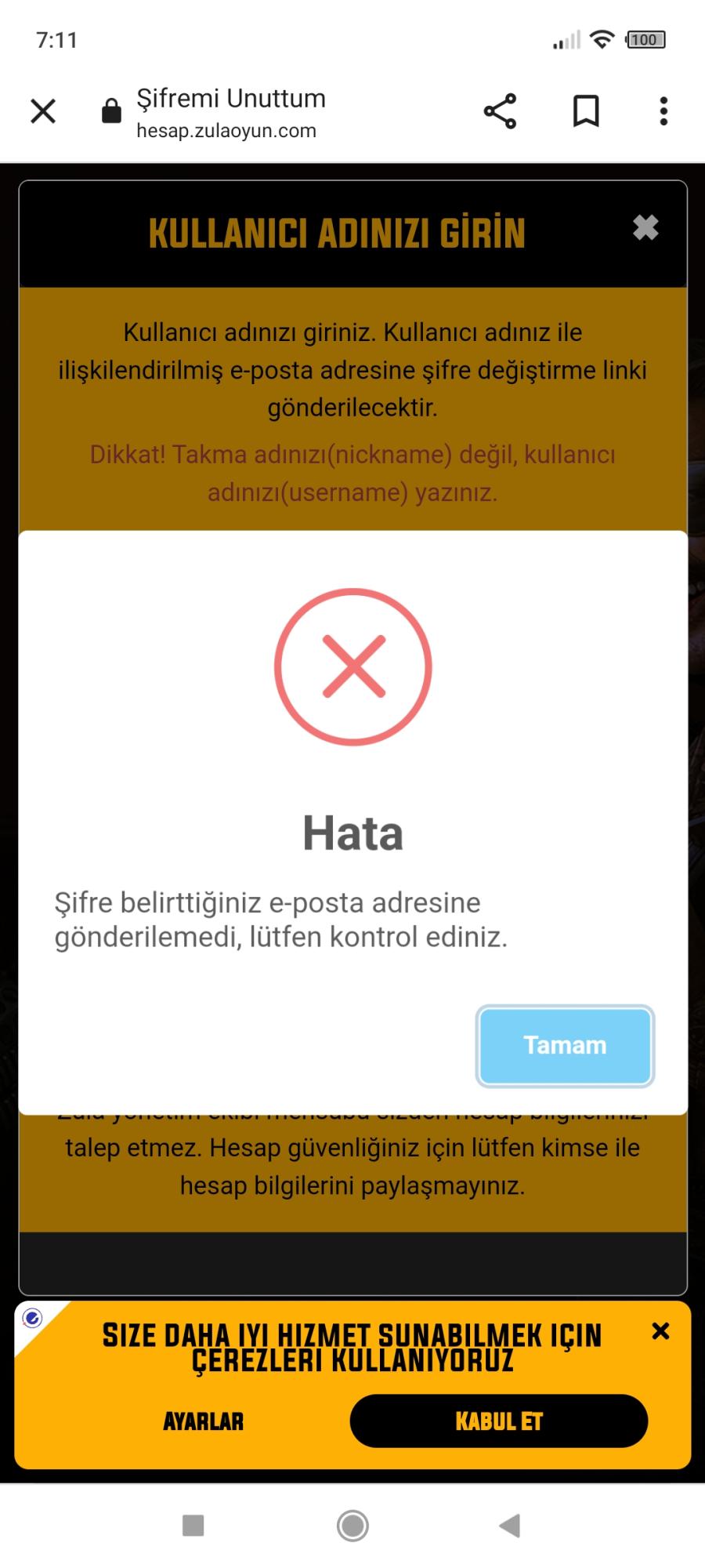 Zula Kurtarma Eposta Ve SMS Gelmiyor Şikayetvar