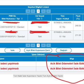 YHT (Yüksek Hızlı Tren) TCDD İade Biletlerin Ücretini Ödemiyor