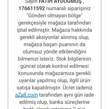 Azall.com Firmanın Keyfi Sipariş İptali