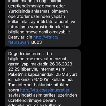 Vodafone Yanlış Paket Aşım Bedeli Yansıtması