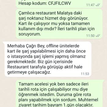 Voltrun Çamlıca Restaurant Malatya Şarj İstasyonu Kullanım Dışı Olması