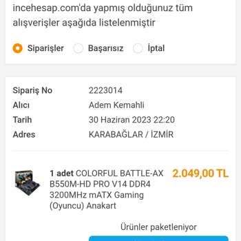 İncehesap Sipariş İptal Edemiyorum