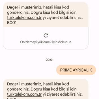 Türk Telekom Prime Ayrıcalık SMS Hatası
