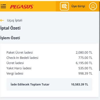 Pegasus Comfort Flex Paketinden İade Ücreti Kesiyor