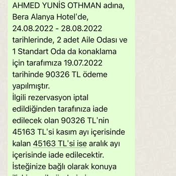 Bera Alanya Hotel Ücret İadesinin Yapılmaması!