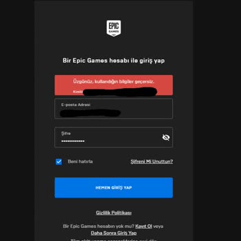 Epic Games Hesap Bulunamadı Veya Bilgiler Geçersiz