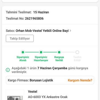 Borusan Lojistik Vestel Ankastre Ocak Siparişi Sorunu