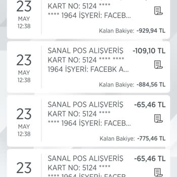Facebook Kartımdan 15 Kez Toplamda 734 Lira Para Çekti