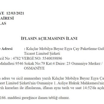 Kılıçlar Home (Osmaniye) Kılıçlar Home İflas Ettiği Halde Faaliyette