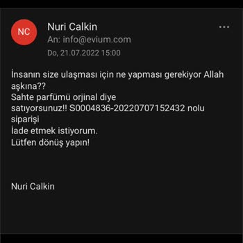 Evium.com Sahte Parfüm, İade Edildi, Ücret İadesi Bugüne Kadar Yapılmadı!
