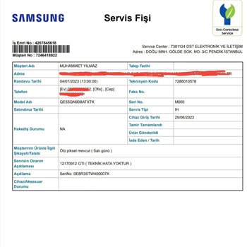 Samsung 55QN90B Ölü Piksel Ve Patlak LED Servis Kabul Etmiyor