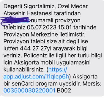 Özel Medar Hastaneleri Ataşehir 'in Gitmememe Rağmen Provizyon Oluşturulması
