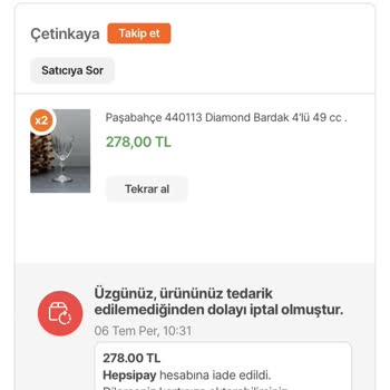 Hepsiburada Sipariş İptali/Çetinkaya Satıcısı