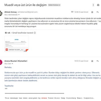 Arena Bilgisayar Arenanın Stok Yok Deyip Ürünümün Değişimini Sağlamaması