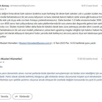 Arena Bilgisayar Arenanın Stok Yok Deyip Ürünümün Değişimini Sağlamaması