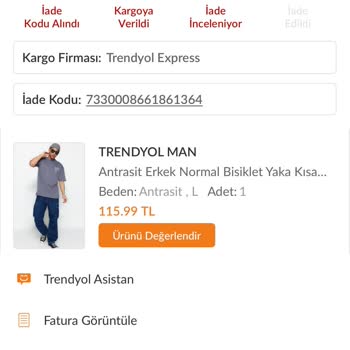 Trendyol İade Ürün Bana Geri Teslim Edilmedi. Elime Ulaşmadı.